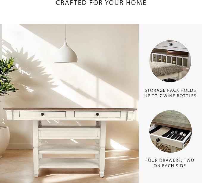 Signature Design by Ashley Bolanburg Rectangular Counter Dining Room Table, 4 Drawers, Seats 6, Storage Rack, Wood, 60" W x 40" D x 36" H, White & Brown