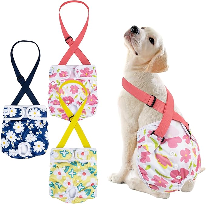 Pet Soft Dog Diapers Female with Suspenders, 3 Pack Reusable Female Dog Diapers for Heat, Dog Period Panties for Doggie in Cycle(Medium, Flowers)