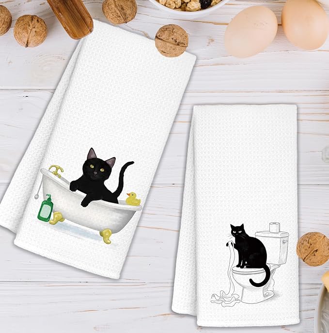 Funny Black Cat Bathroom Hand Towels Set of 2, Cat Gifts for Kids, Kids Bathroom Decor, Black Kitty Hand Towels for Bath Room Washroom Toilet, Cats Lover Mom Gifts, 16x24 Inch