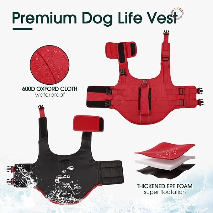 Kuoser Dog Life Jacket, High Flotation Dog Life Vest for Swimming Boating, Adjustable Small Medium Large Dogs Swim Vest with Rescue Handle and Pocket, Reflective Safety Pet Lifejacket Floats for Pool