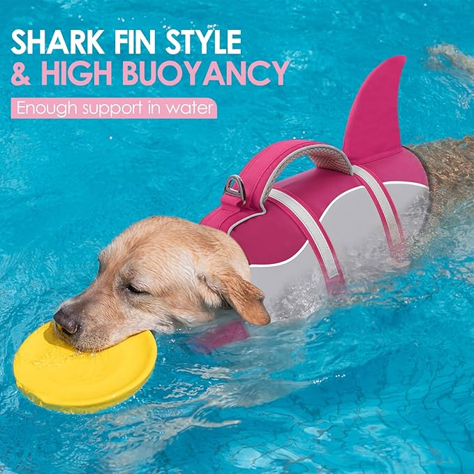 AOFITEE Dog Life Jacket, Dog Life Vest for Swimming, Shark Dogs Swimming Vest with Rescue Handle and Reflective Stripe, Ripstop Pet Float Coat Swimsuit Lifesaver Small Medium Large Dogs Pink M