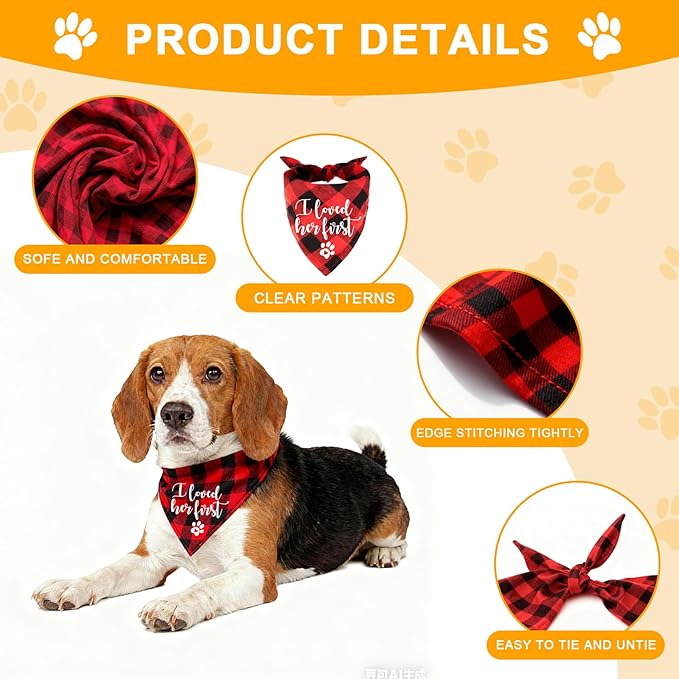 Funny Cute Engagement Red Plaid Pet Dog Cat Bandana Scarf I Loved Her First for Dog Lover Owner Wedding Photo Props