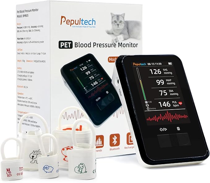 Veterinary Blood Pressure Monitor for Dogs Cats,Rechargeable Animal BP Monitor for Family Clinic Use,3.5inch Display &1000 Data Memory,Accurate Results & Easy to Use (5 Cuffs Set)