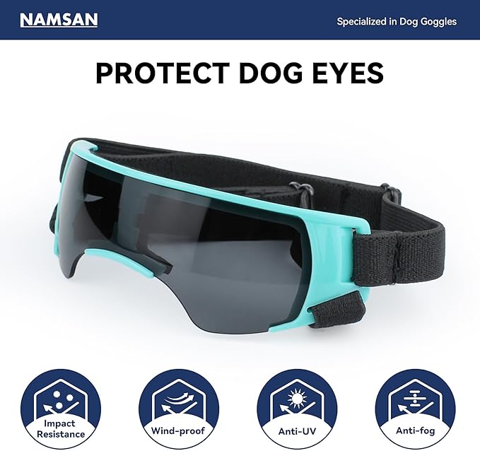 NAMSAN Dog Goggles Small Breeds, UV Protection Dog Glasses for Small Dogs, Puppy Sunglases Windproof Dustproof Driving Eye Protection, Adjustable, Cute Blue