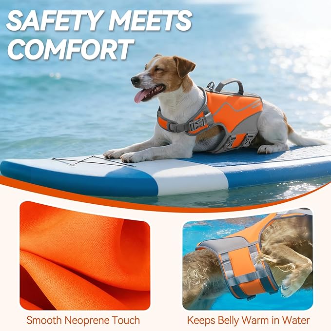 VIVAGLORY Neoprene Dog Life Vest, Dog Life Jacket for Swimming & Boating, Lightweight & Buoyancy for Puppy Doggy, Swimming Vest with Handle, S, Orange