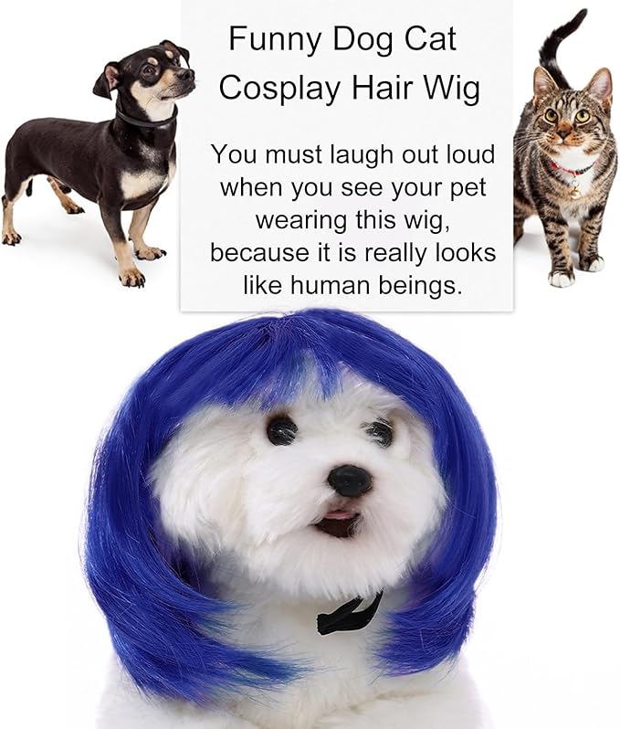 Funny Dog Wig Pet Costumes,Kediciz Cat Costume Synthetic Hairpiece Cosplay Wigs, Headwear for Halloween Christmas Festivals Party Decor, Fancy Dress,Adjustbale Size,Blue Straight