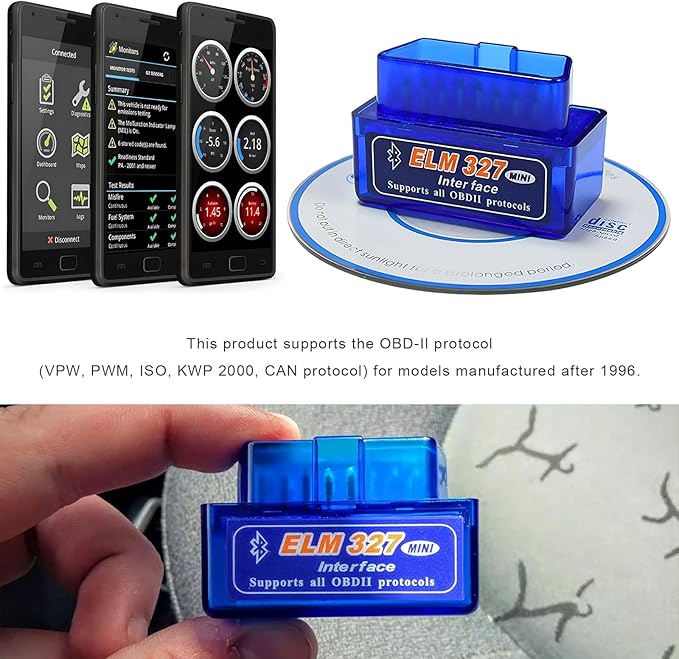Sun Walker ELM327 OBDII Car Auto Diagnostic Scanner, Professional ELM327 Interface Bluetooth Failure Detector, Mini Wireless Engine Fault Code Reader Compatible with OBD2 Vehicles