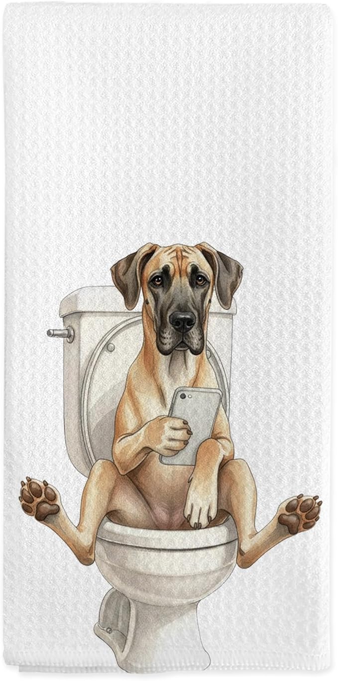Funny Great Dane Gifts Hand Towels for Bathroom Decor, Great Dane Dog Themed Dish Tea Towels, Funny Dog Looking at Phone Hand Towel for Toilet Kitchen Washroom Decor, 16x24 Inch