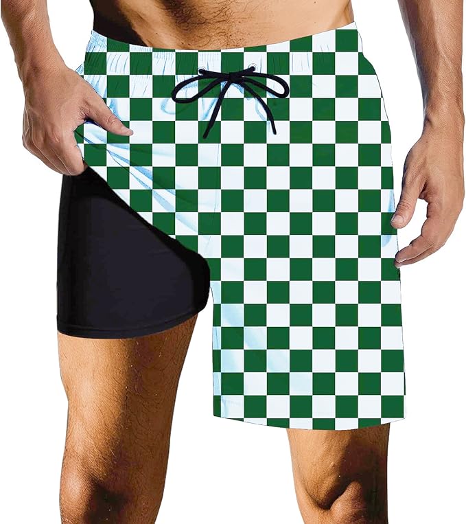 Mens Swim Trunks with Compression Liner Quick Dry Zipper Pocket Bathing