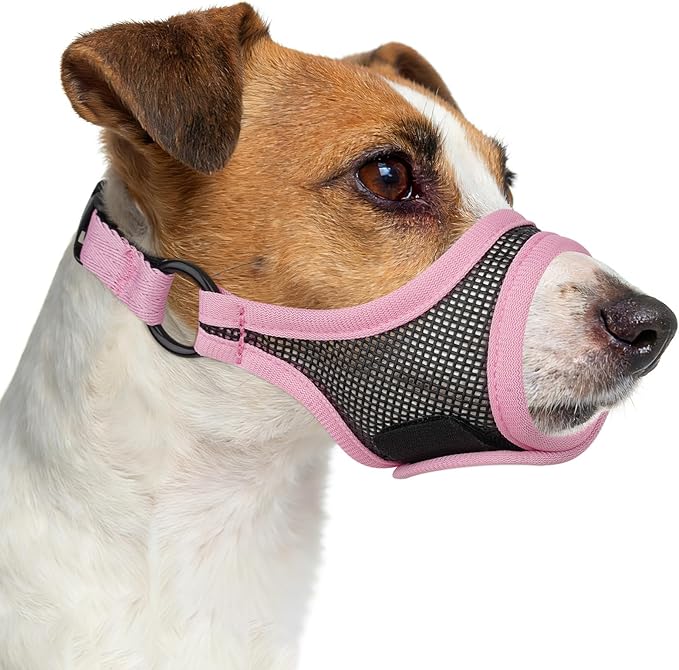 Mayerzon Mesh Dog Muzzle, Adjustable Muzzle for Small Medium Dogs, Prevent Fierce Barking Biting Eating, Ideal for Grooming Vet Visits Walking, Allow Panting & Drinking, Soft & Breathable (Pink, XS/S)