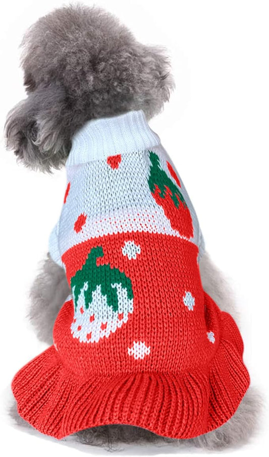 CHBORCHICEN Pet Dog Sweaters Classic Knitwear Turtleneck Winter Warm Puppy Clothing Cute Strawberry and Heart Doggie Sweater (L, Dress-Red1)