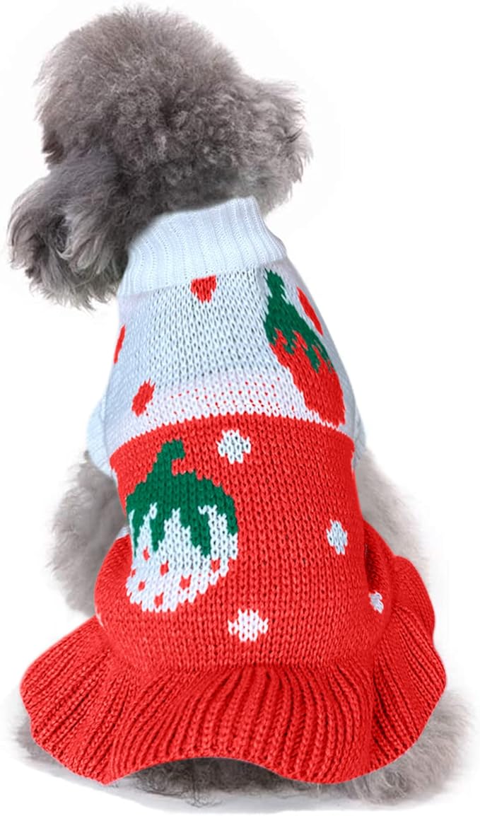 CHBORCHICEN Pet Dog Sweaters Classic Knitwear Turtleneck Winter Warm Puppy Clothing Cute Strawberry and Heart Doggie Sweater (S, Dress-Red1)