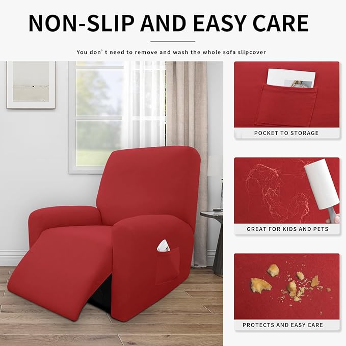 Easy-Going 4 Pieces 100% Dual Waterproof Recliner Cover Stretch Soft Couch Cover for Dogs, Sofa Slipcover for Recliner Couch Leakproof Furniture Protector for Kids Christmas Red