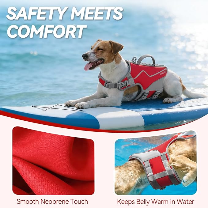 VIVAGLORY Neoprene Dog Life Vest, Dog Life Jacket for Swimming & Boating, Lightweight & Buoyancy for Puppy Doggy, Swimming Vest with Handle, M, Red