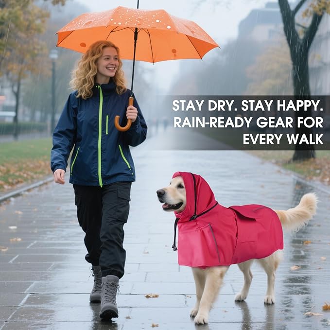 Dog Raincoat XXL, Waterproof Dog Raincoats for Large Dogs with Hood, Leash Hole, Reflect Strips, Ideal for Rain, Snow, Windy Weather & Outdoor Walks, Camping, Hiking - Pink