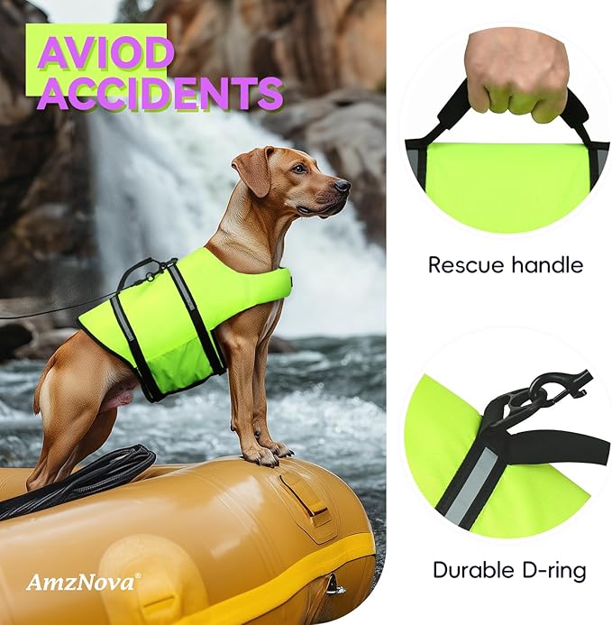 AMZNOVA Rip Stop Dog Life Jacket, Dog Life Vest for Swimming & Boating, Lightweight & Buoyancy for Doggy Puppy, Lifejacket with Handle, M, Bright Yellow