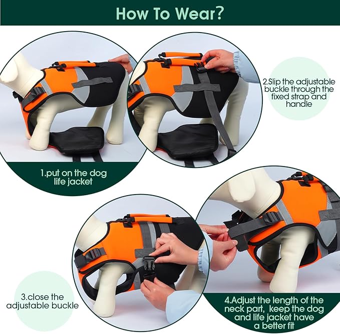 Kuoser Dog Life Jacket with Reflective Strips, High Visibility Dogs Swim Vest with Rescue Handle, Adjustable Dog Life Vest for Swimming, Boating, Pool & Beach, Doggy Lifejacket Small Medium Large Dogs