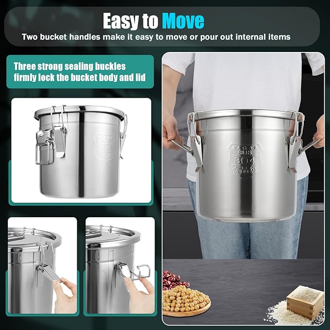 DYNAMI 304 Stainless Steel Airtight Canister for Kitchen, 3.2Gal/405oz Flour Container with Lid and Locking Clamp,10-21Lbs Metal Bucket Food Storage Container for Rice, Flour, Grain, Coffee Bean(12L)
