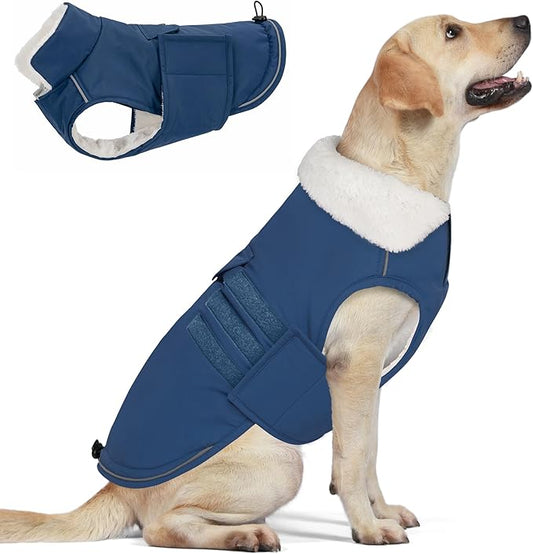 Mklhgty Extra Warm Dog Coat, Waterproof Dog Winter Jacket with Leash Portal, Fleece Reflective Pet Snow Vest for Small Medium Large Dogs - Blue - XL