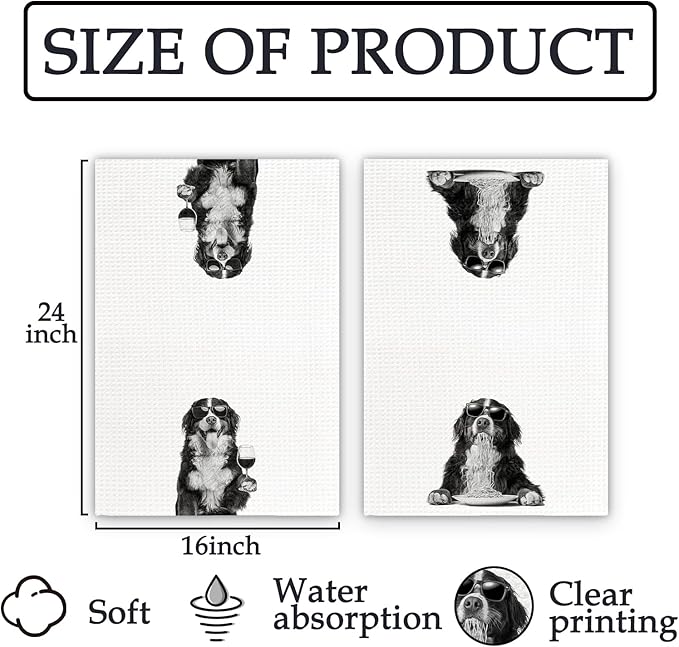 Bernese Mountain Dog Gifts Wine Kitchen Towels Set of 2, Funny Bernese Mountain Dog Eating Pasta Decorative Hand Dish Towel for Kitchen Home Bar, Gift for Wine Lovers Home Bar Decor(16x24Inch)