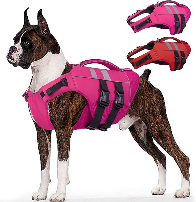 Kuoser XXL Dog Life Jacket, High Flotation Large Dog Water Vest for Swimming Boating, Reflective Doggie Swimming Vest Pet Life Preserver with Rescue Handle, Rose XXL