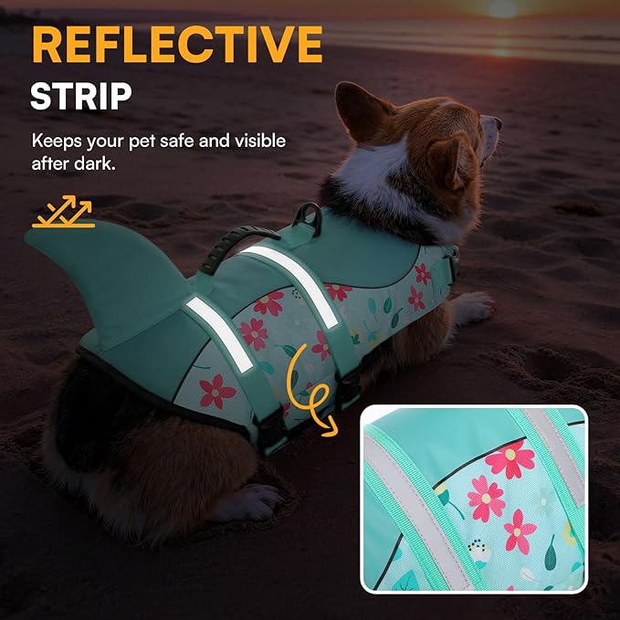Queenmore Dog Life Jacket, Dog Life Vest for Swimming, High Buoyancy Shark Swimming Safety Vest for Large Dogs, Reflective Pet Lifesaver Preserver with Rescue Handle, Blue Flower XL