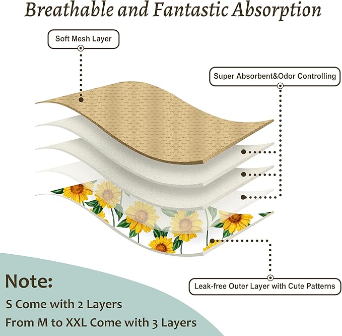 Washable Female Dog Diapers - Premium Reusable Diapers for Doggie in Heat - Highly Absorbent Dog Diapers Female for Pet Incontinence with Adjustable Snaps Sunflower, XL
