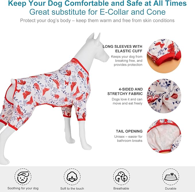 LovinPet Large Dog Bodysuit for Shedding, Pet Anxiety Relief Pajamas, Uv Protection Dog Shirt, Comfy Stretchy Fabric, White Butterfly Print, Pajamas for Pitbulls, Pitbull Clothes for All Seasons,XL