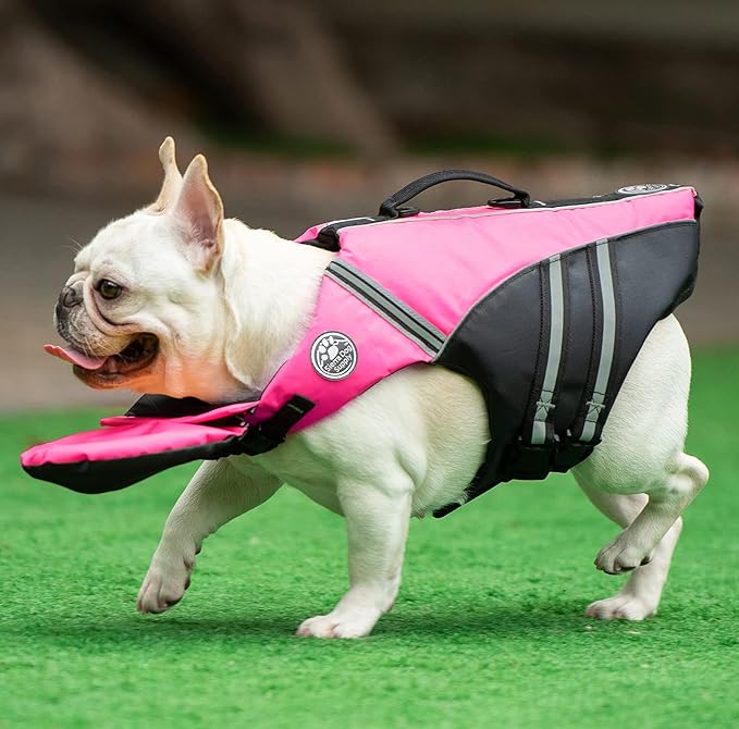 Dog Life Jacket, French Bulldog Life Vest for Swimming Boating, Dog Swim Vest with Chin Float and Rescue Handle, High Flotation Puppy Life Jackets (Chest Girth: 17" to 30", Weight: 17" to 28" LB)