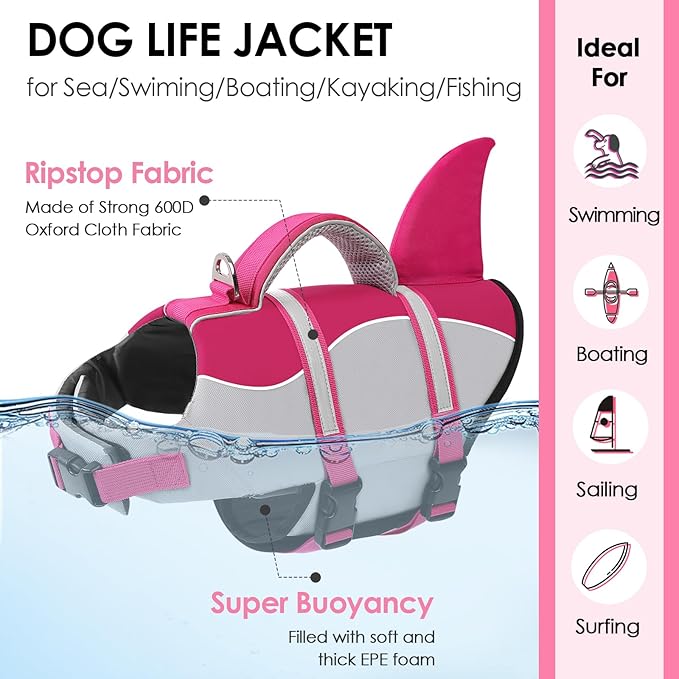 AOFITEE Dog Life Jacket, Dog Life Vest for Swimming, Shark Dogs Swimming Vest with Rescue Handle and Reflective Stripe, Ripstop Pet Float Coat Swimsuit Lifesaver Small Medium Large Dogs Pink S