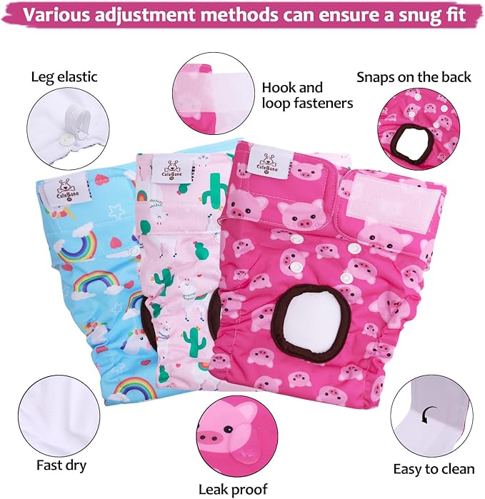 CuteBone Dog Diapers Female 3 Pack Reusable Doggy Diapers with One Suspender for Small Medium Large Dog Period BDD05S