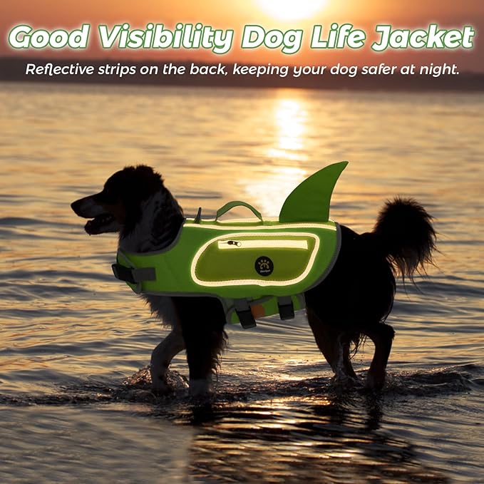 Dog Life Vests for Boating and Swimming, Dog Life Jacket with Shark Fin, Rescue Handle Pet Preserver for Medium Dogs, Neoprene Good Buoyancy Dogs Floating Safety Vest (LightGreen, Medium)