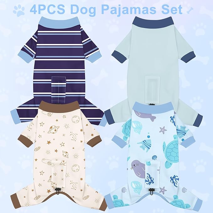 Bienbee Dog Pajamas, 4 Pack Dog Recovery Suit Shedding Suit Cute Soft Puppy Clothes Dogs Pjs Onesies Jammies Adjustable Breathable & Stretchy Clothes for Small Medium Large Dogs Girl Boy Puppy-L