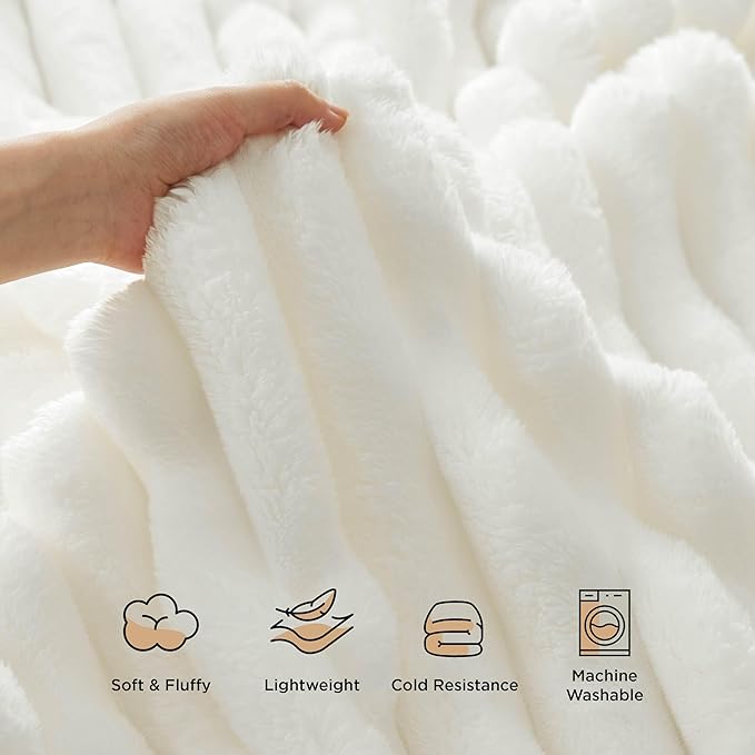Bedsure Blankets Queen Size for Bed - 350GSM Super GentleSoft Fuzzy Fluffy Cozy Blankets for Women, Cute Large Plush Fleece Throws for Girls, White，90x90 Inches, Wider Striped Design