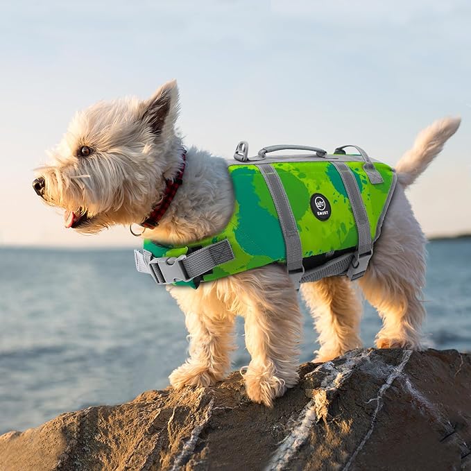 EMUST Dog Life Vests, Adjustable Dog Life Jacket with Rescue Handle, Dogs Flotation Vest for Small/Medium/Large Dogs, XS, MultiGreen