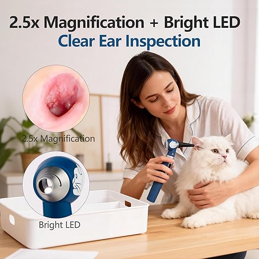 Veterinary LED Otoscope for Pets Cat-Design - Ear Infection Detector with Light, 6 Disposable Tips for Dogs & Cats, Portable Home Ear Checker (Blue)