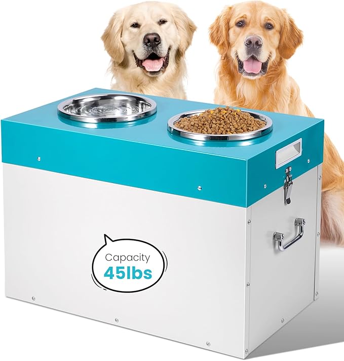 Elevated Dog Bowls with Storage Large Breed 15" H Raised Dog Bowl, 2 in 1 Pet Food Storage Container & Feeder, Galvanized Steel Pet Feeder Feeding Station, Holds Up to 45lbs (L)