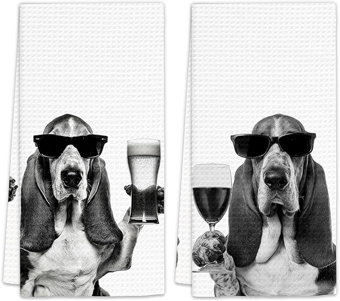 Gifts for Basset Hound Dog Wine Lovers Kitchen Towels Set of 2, Basset Hound Gifts Wine Decorative Hand Dish Towel for Kitchen Home Bar, Funny Dog Beer Lover Home Bar Cart Decor(16x24 Inch)