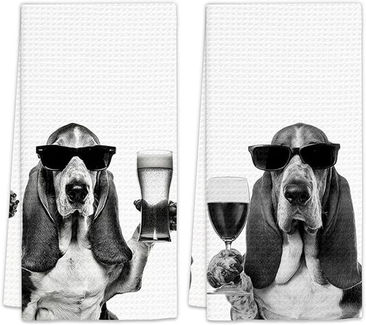 Gifts for Basset Hound Dog Wine Lovers Kitchen Towels Set of 2, Basset Hound Gifts Wine Decorative Hand Dish Towel for Kitchen Home Bar, Funny Dog Beer Lover Home Bar Cart Decor(16x24 Inch)