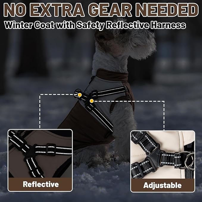 Dog Winter Coat for Small & Medium Dogs, Waterproof Dog Coat with Harness, Puppies Windproof Puppy Puffer Jacket, Snowsuit for Dachshund, Frenchie, Corgi (Classic Brown,M)