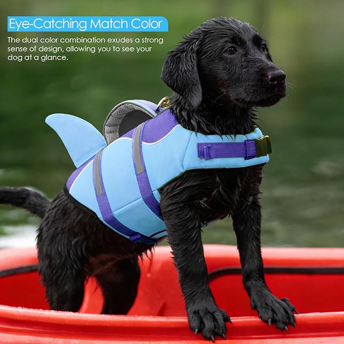 AOFITEE Dog Life Jacket, Dog Life Vest for Swimming, Shark Dogs Swimming Vest with Rescue Handle and Reflective Stripe, Ripstop Pet Float Coat Swimsuit Lifesaver Small Medium Large Dogs Purple XL
