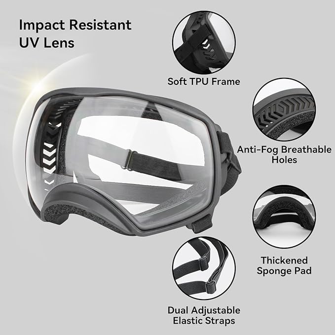 PETLESO Clear Dog Goggles for Large Dogs, Anti-UV Pet Sunglasses for Medium to Large Breed, Dog Eye Protection for Driving Riding Hiking, Wide View &Soft Frame, Adjustable, Clear Lens