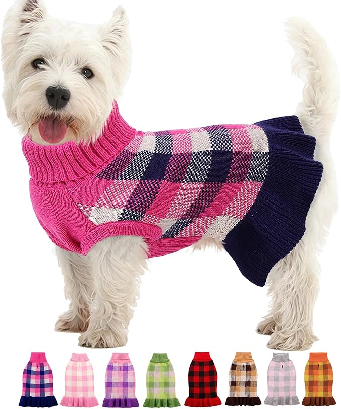 Dog Sweater Dress Plaid Knitwear for Small Medium Dogs Warm Puppy Pet Turtleneck Stretch Pullover Cute Fall Winter Vest Clothes with Leash Hole for Christmas (Navy, XS)