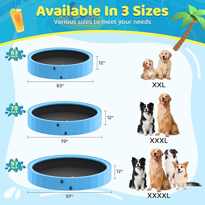 Raxurt Dog Pool with Sprinkler, 63'' Foldable Dog Pools for Large Dogs, 2-in-1 PVC Non Slip Pet Bathing Tub for Outdoor Backyard, Blue