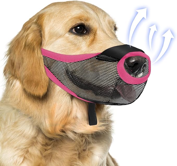Dog Muzzle, Soft Air Mesh Muzzles for Large Sized Dogs, Breathable Dog Mussels for Scavenging Biting Licking & Barking, Adjustable Mouth Guard with Front Opening, Allows Panting and Drinking (Pink,L)
