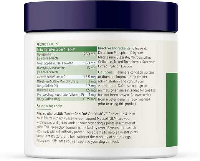 Yumove Hip & Joint Supplement for Dogs - with Glucosamine Chondroitin, Omega 3, Hyaluronic Acid, Green Lipped Mussel & Fish Oil for Dogs - Senior Dog Joint Supplement (240ct Chewable Tablets)