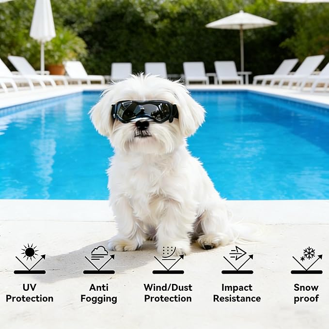 Enjoying Dog Sunglasses Small Breed, Dog Goggles UV Protection, Cycling Eye Protection for Small Dogs, Outdoors Breathable Windproof Dustproof Anti-Fog, Adjustable Straps, Cool Black