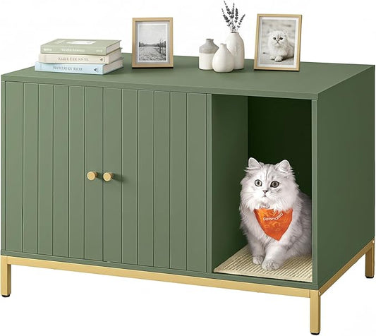 Feandrea Cat Litter Box Enclosure, Hidden Litter Box Furniture with Scratch Pad, Front Entry, Double Cabinet Doors, Modern Style, 31.5" Cat House Washroom Side End Table, Forest Green and Gold