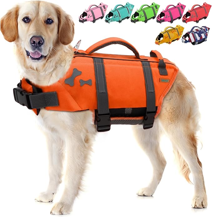 EMUST Dog Life Preserver, Dog Flotation Vest for Swimming, Beach Boating with High Buoyancy, Pet Water Vest for Small/Medium/Large Dogs, M, NewOrange
