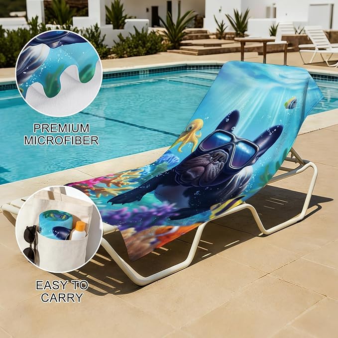 Microfiber Dog Bath Towel, Funny French Bulldog Diving with Ocean Animal Beach Towels for Kids Adults, Quick Dry Absorbent Sand Proof Towels for Swim Pool Surf Travel, Oversized 32x52